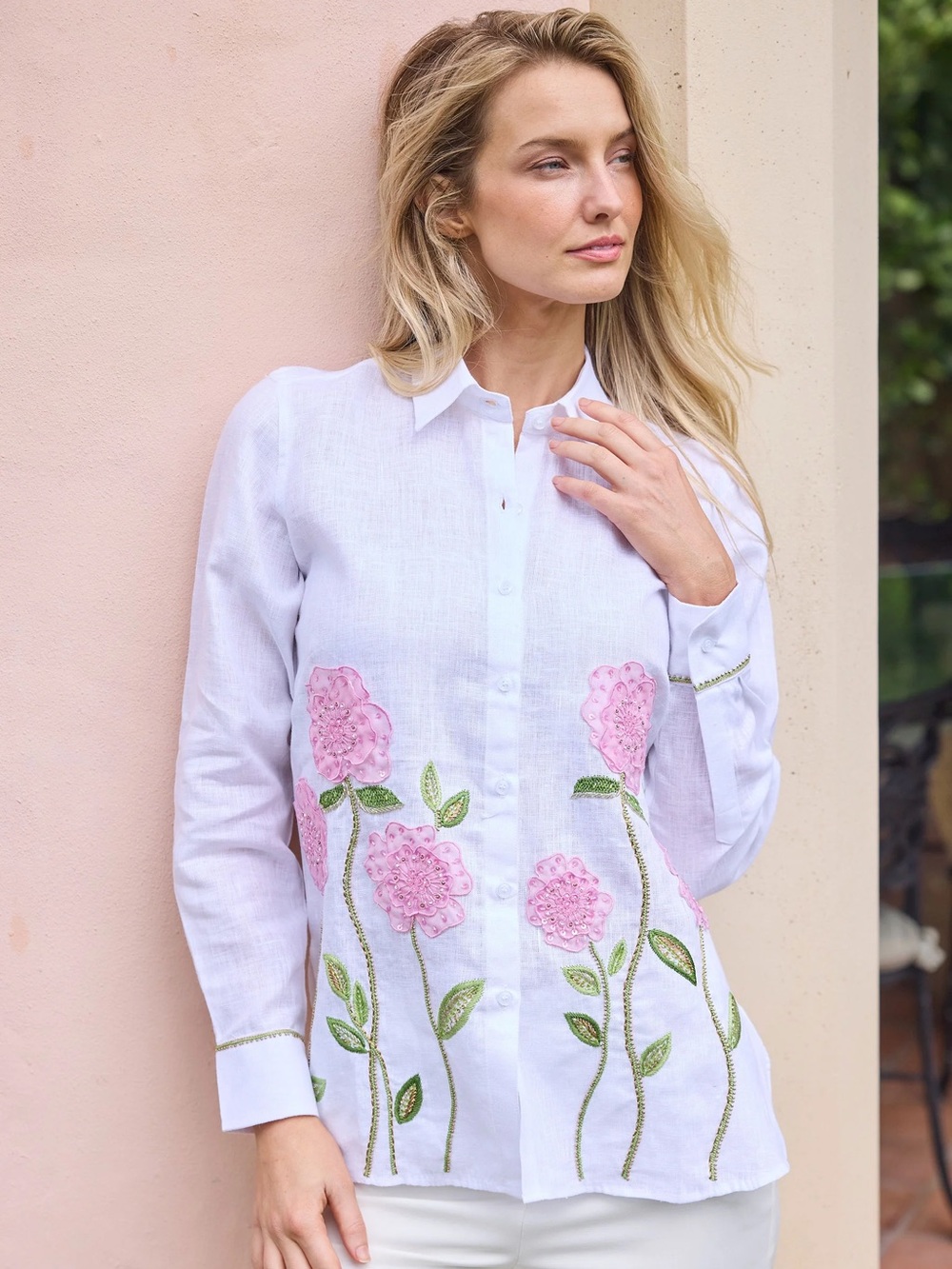 Bella Tu white linen sheer flower shirt size XS